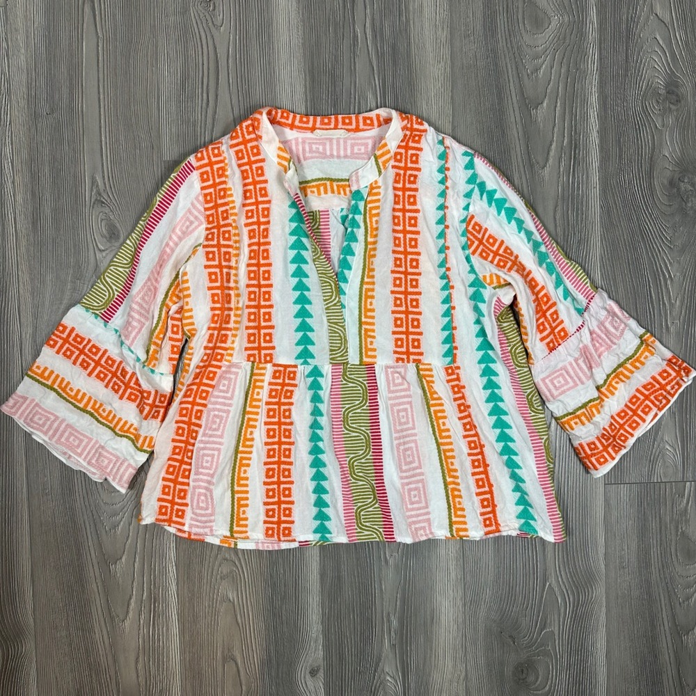 White Cotton Blouse Colorful Embroidery, Flowy Silhouette & Bell Sleeves SIZE XL